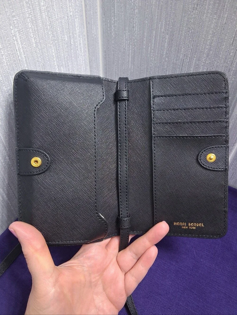 Henri Bendel Crossbody Purse Black Saffiano Leather Cardholder Wallet